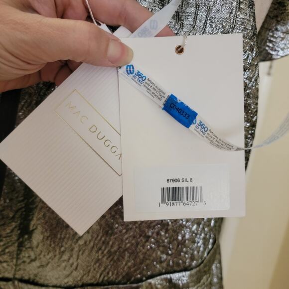 Mac Duggal 67906 Silver 8 One Shoulder Brocade Bow Midi Dress Evening Metallic - Picture 4 of 10